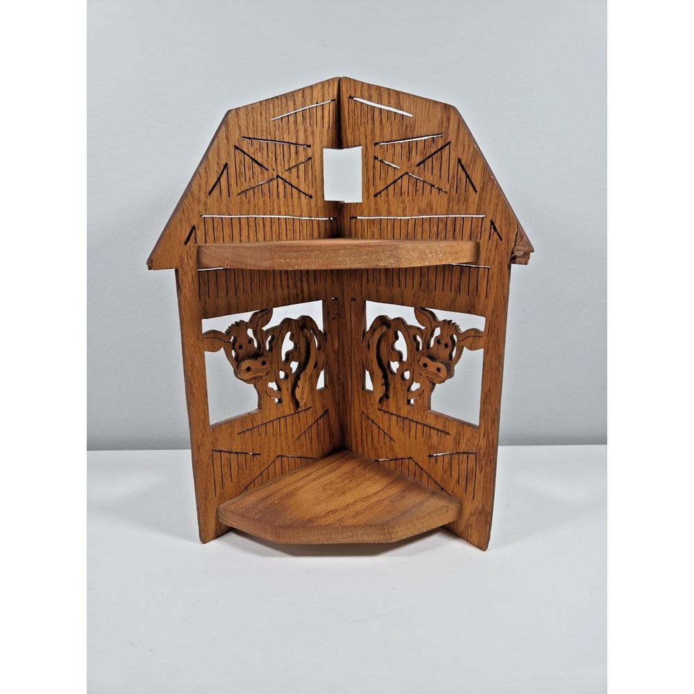 Vintage Hand Carved Wooden Small Barn Corner Shelf‎ W/Decorative Cows Rustic